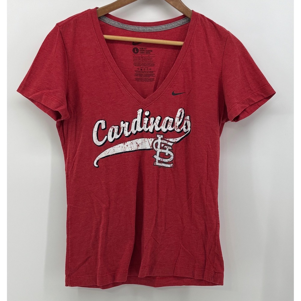 Nike St. Louis Cardinals T-Shirt Women's Large Slim Fit V-Neck Heathered Red MLB